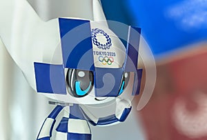 Closeup on the figurine mascot Miraitowa of Tokyo 2020 Olympic and Paralympic Games.