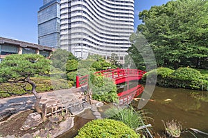 Japanese Taikobashi bridge crossing the pond of the Hotel New Otani Japanese Garden.