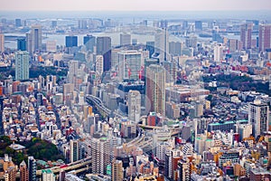 Tokyo, Japan-March 29, 2016: Aerial view of Tokyo skyline with the highway bridges