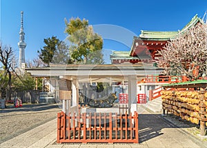 Statue of ox dedicated to Sugawara no Michizane in the Kameido Tenjin shrine with the Tokyo Skytree.