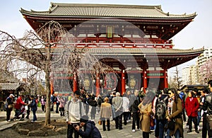 TOKYO, JAPAN - MARCH 25, 2019: Many People walking around in Asakusa area neary Senso-ji Temple in Asakusa