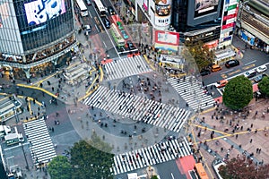 Tokyo, Japan - Nov 08 2017 : Aerial view of Pedestrians walking across with crowded traffic at Shibuya crossing