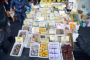 TOKYO, JAPAN- NOV 26, 2013: Tsukiji market is a large market for for fish, fruits and vegetables in central Tokyo