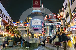 Tokyo, Japan - November 19, 2016 :Ameyoko Market in evening.Ameyoko is a busy market street along the Yamanote near Ueno Stations