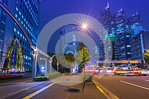 Cityscape of Shinjuku district with traffic lights on the street of Tokyo