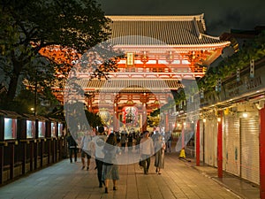 Tokyo, Japan. September 8, 2018- : Kaminarimon, Big Lantern hang over gate at Senso-ji temple. New Year at Asakusa temple at night