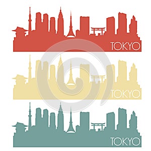 Tokyo Japan Skyline Silhouette City Stamp Vector Color Vintage Set Logo Clipart Illustration.