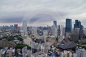 Tokyo Japan skylines and skyscrapers buildings, aerial view, around Shinjuku ward.