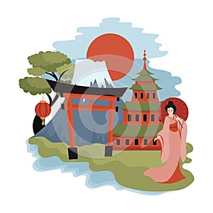 Tokyo landscape. Cartoon illustration of sights of Japan. Vector drawing for travel agency.