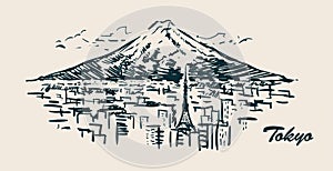 Tokyo mount Fuji hand drawn illustration.Sketch vector Toky city skyline.