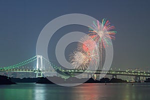 Tokyo rainbow bridge with beautiful firework