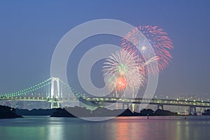 Tokyo rainbow bridge with beautiful firework