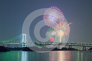 Tokyo rainbow bridge with beautiful firework