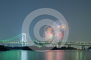 Tokyo rainbow bridge with beautiful firework