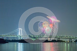 Tokyo rainbow bridge with beautiful firework