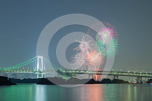 Tokyo rainbow bridge with beautiful firework