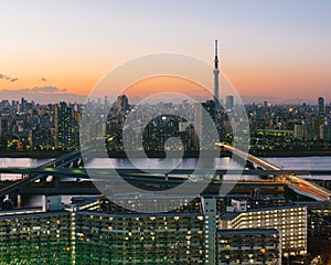 Tokyo Skyline at dusk, view of Asakusa district, Arakawa River and Tokyo Skytree