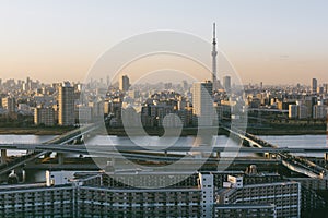 Tokyo Skyline at dusk, view of Asakusa district, Arakawa River and Tokyo Skytree