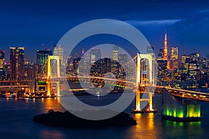 Tokyo skyline with Rainbow bridge and Tokyo tower. Tokyo, Japan