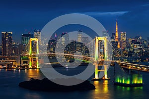 Tokyo skyline with Rainbow bridge and Tokyo tower. Tokyo, Japan