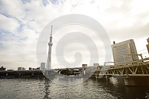 Tokyo Skytree Tower with Japan skyline on the sumida river
