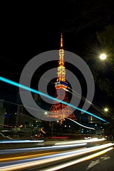 Tokyo Tower with light trails