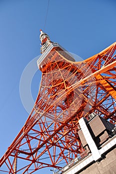 Tokyo Tower, Tokyo landmark with blue sky.