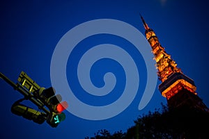 Tokyo Tower with traffic lights.