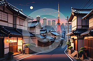 Tokyo Twilight: Cityscape at Dusk, Traditional Houses Lining the Street Captured in an Anime Art Style, Exuding Nostalgic Charm