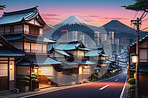 Tokyo Twilight: Cityscape at Dusk, Traditional Houses Lining the Street Captured in an Anime Art Style, Exuding Nostalgic Charm