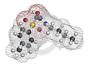 Tolbutamide diabetes drug molecule. 3D rendering. Atoms are represented as spheres with conventional color coding: hydrogen (white