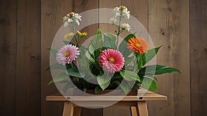 Tole painting: A botanical design on a wooden plant stand, featuring leaves or flowers, created to add a touch of nature to an photo