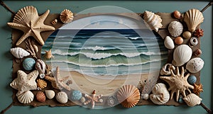 Tole painting: A coastal design on a metal wall hanging, featuring seashells or beach scenes, created to add a touch of beachy photo