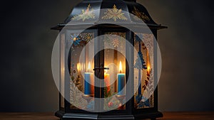 Tole painting: A festive design on a metal lantern, featuring Christmas or Hanukkah motifs, created to add a touch of holiday photo