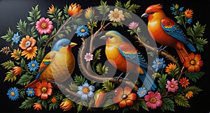 Tole painting: A folk art design on a metal tray, featuring traditional motifs such as birds or flowers, created to showcase the photo