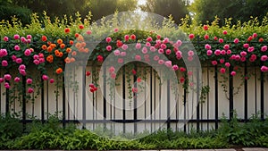 Tole painting: A garden design on a metal trellis or fence, featuring flowers or vines, created to add a touch of beauty to an