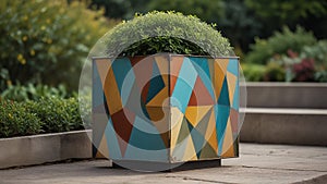 Tole painting: A geometric design on a metal planter, featuring triangles or squares, created to add a modern touch to a garden, photo