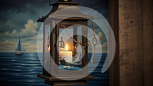 Tole painting: A nautical design on a metal lantern, featuring anchors or sailboats, created to add a touch of coastal charm to a photo