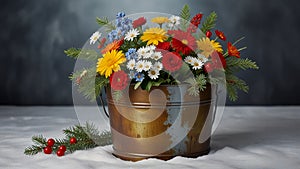 Tole painting: A seasonal design on a metal bucket, featuring winter scenes or summer flowers, created to add a touch of festivity photo