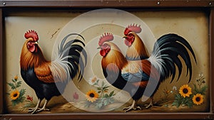 Tole painting: A traditional design on a metal breadbox, featuring roosters or other farm animals, created to photo