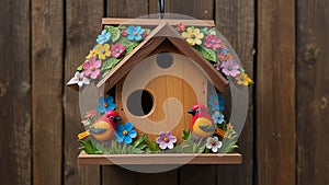 Tole painting: A whimsical design on a wooden birdhouse, featuring colorful birds or flowers, created to attract wildlife photo