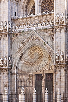 Toledo cathedral facade portico gothic style. Spanish culture heritage