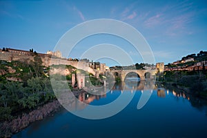 Toledo city in night. Landscape of Toledo, UNESCO World Heritage. Historical building near Madrid, Spain