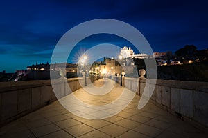 Toledo city during twilight night. Landscape of Toledo, UNESCO World Heritage. Historical building near Madrid, Spain