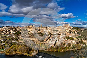 Toledo, Spain. Old city with its Royal Palace over the Tagus River sinuosity