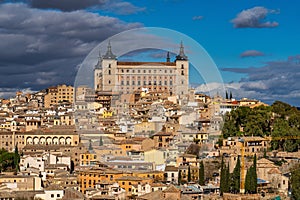 Toledo, Spain. Old city with its Royal Palace over the Tagus River sinuosity