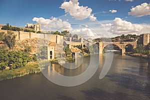 Toledo, Spain town skyline on the Tagus River.