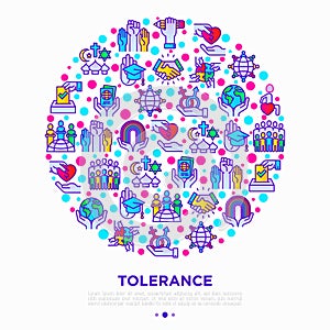 Tolerance concept in circle with thin line icons: gender, racial, religious, sexual orientation, interclass, for disability,