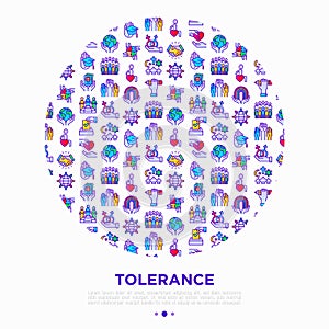 Tolerance concept in circle with thin line icons: gender, racial, religious, sexual orientation, interclass, for disability,