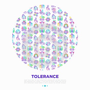 Tolerance concept in circle with thin line icons: gender, racial, religious, sexual orientation, interclass, for disability,